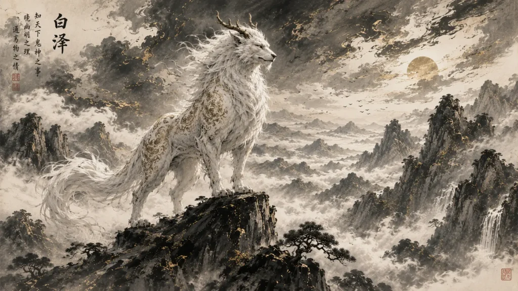 Bai Ze, the mythical white beast of wisdom, standing above the clouds in ancient Chinese mythology