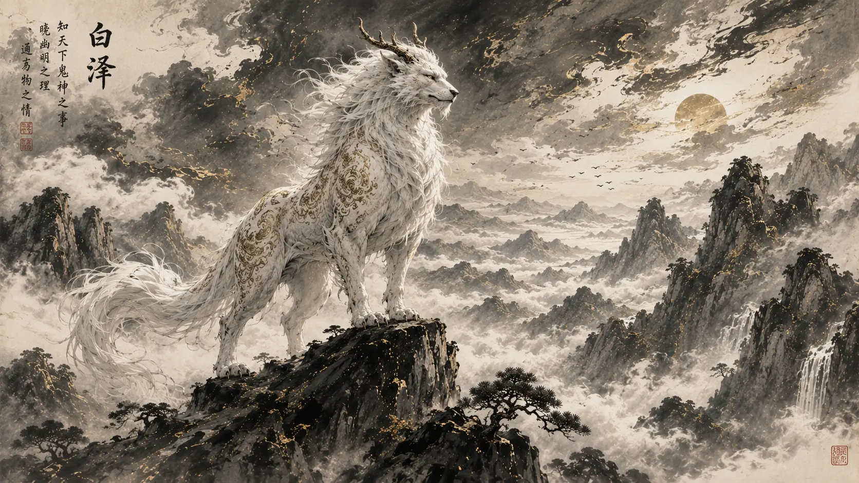 Bai Ze, the mythical white beast of wisdom, standing above the clouds in ancient Chinese mythology