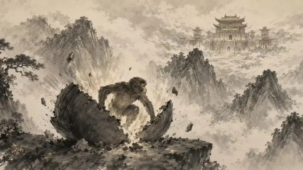 Sun Wukong emerging from the magical stone on the Mountain of Flowers and Fruit