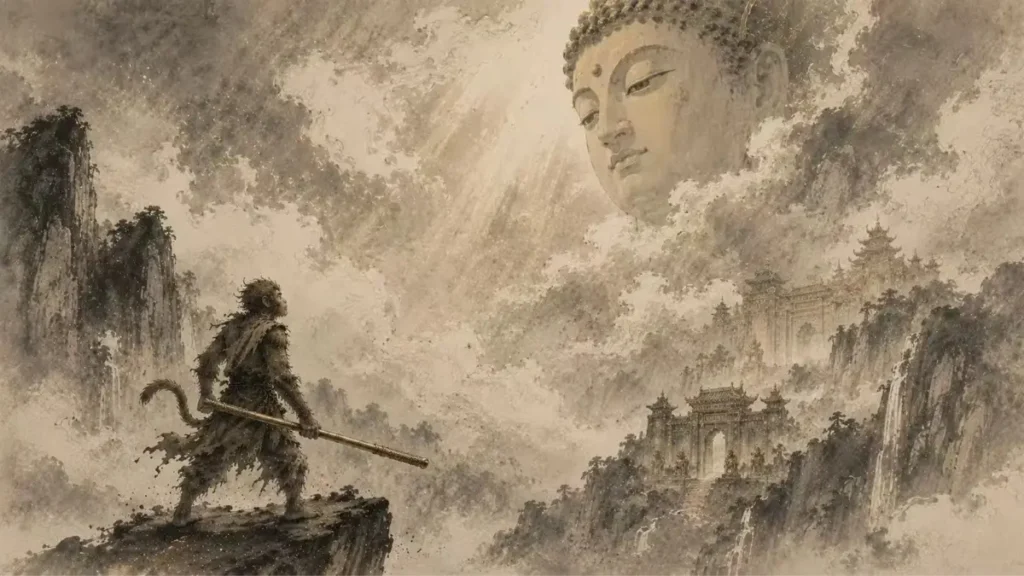 Sun Wukong facing Buddha's divine power in Chinese mythology