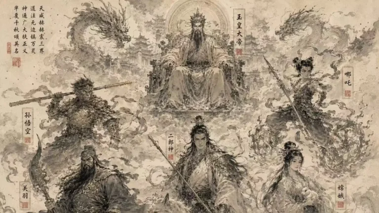 Legendary gods and immortals from Chinese mythology including Sun Wukong, Nezha, Erlang Shen and Nüwa.