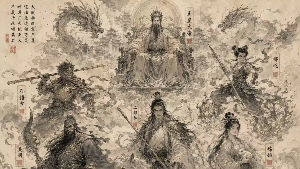 Legendary gods and immortals from Chinese mythology including Sun Wukong, Nezha, Erlang Shen and Nüwa.