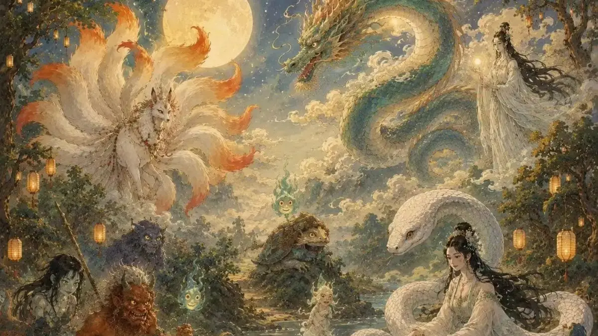 Chinese dragon, nine tailed fox spirit, white snake spirit and legendary creatures from Chinese mythology.