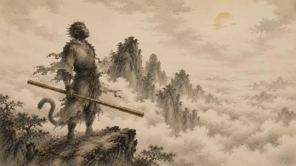 Enlightened Sun Wukong standing above the clouds with peaceful expression