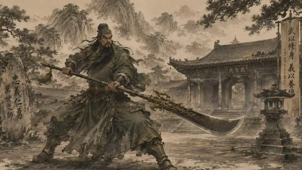 Guan Yu training with the Green Dragon Crescent Blade in an ancient mountain monastery