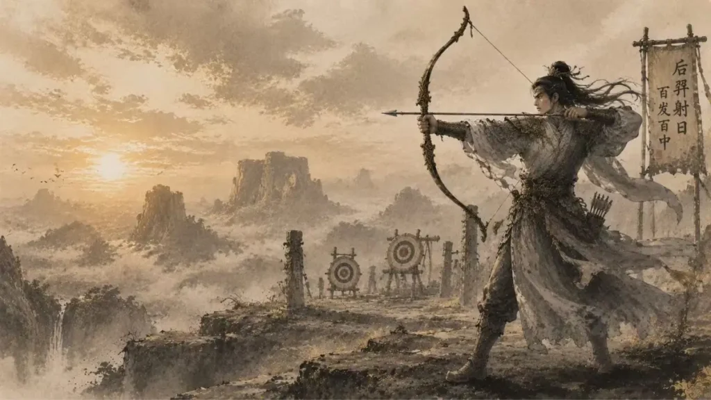 Hou Yi drawing a powerful bow during archery training on an ancient Chinese plateau