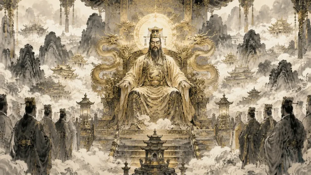 The Jade Emperor seated on the Dragon Throne in the Heavenly Court, Chinese mythology