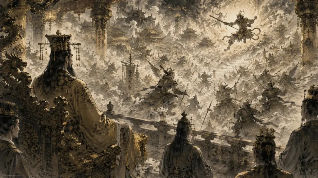 The Jade Emperor observing Sun Wukong's rebellion in Heaven