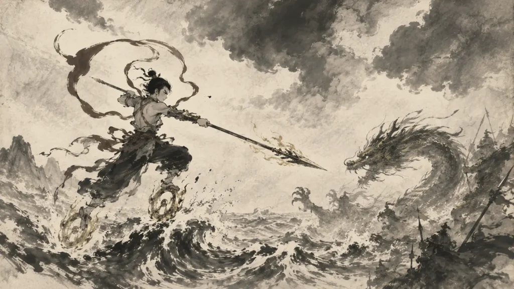 Nezha battling the Dragon King’s forces at the Eastern Sea in Chinese mythology