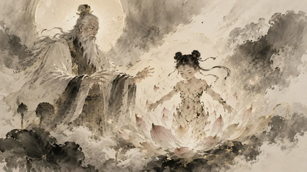 Taiyi Zhenren recreating Nezha’s lotus body in Chinese mythology