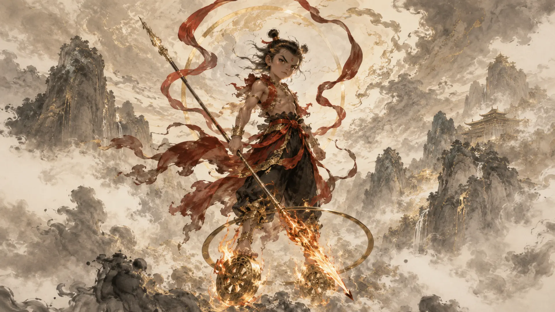 Nezha standing in the sky with his Fire-tipped Spear and Wind Fire Wheels in Chinese mythology