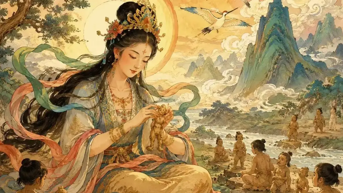 Goddess Nüwa creating humanity from clay beside a river in a traditional Chinese mythology illustration.