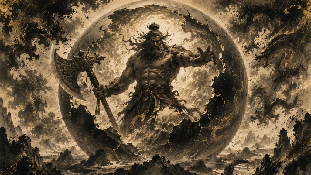 Pangu inside the cosmic egg before creating Heaven and Earth in Chinese mythology