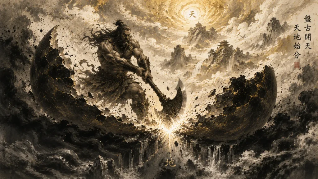 Pangu splitting the cosmic egg to separate Heaven and Earth
