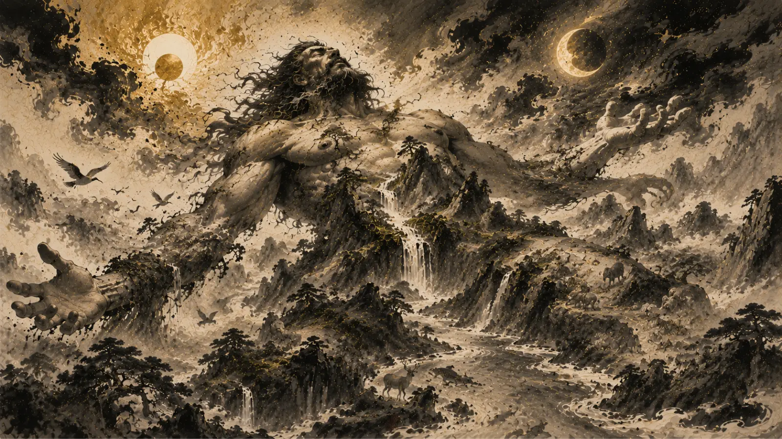 Pangu transforming into mountains rivers sun and moon in Chinese mythology
