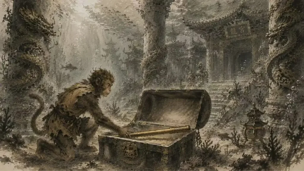 Sun Wukong discovering the Ruyi Jingu Bang in the Dragon King's Palace