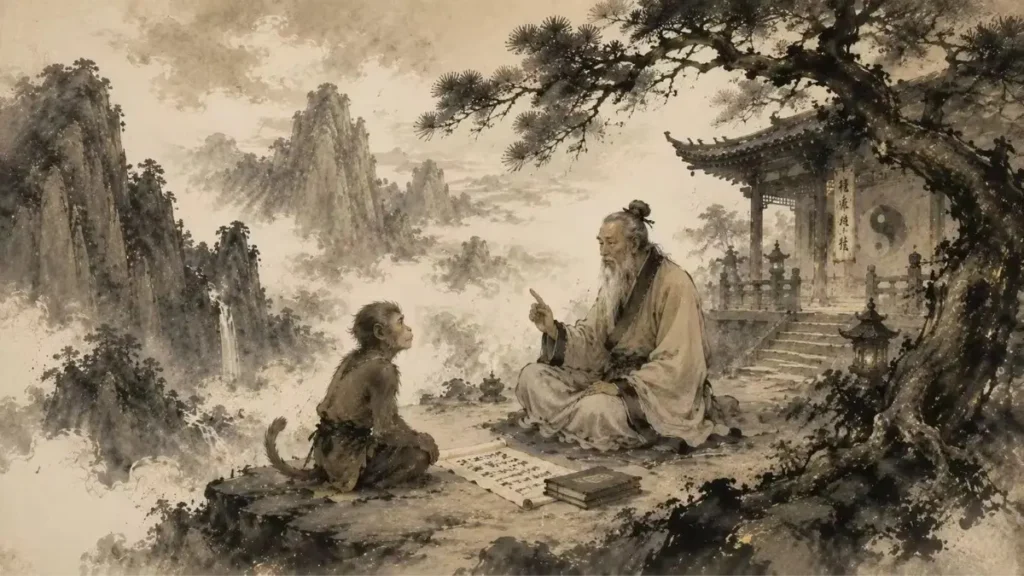 Young Sun Wukong training with a Daoist master in the mountains