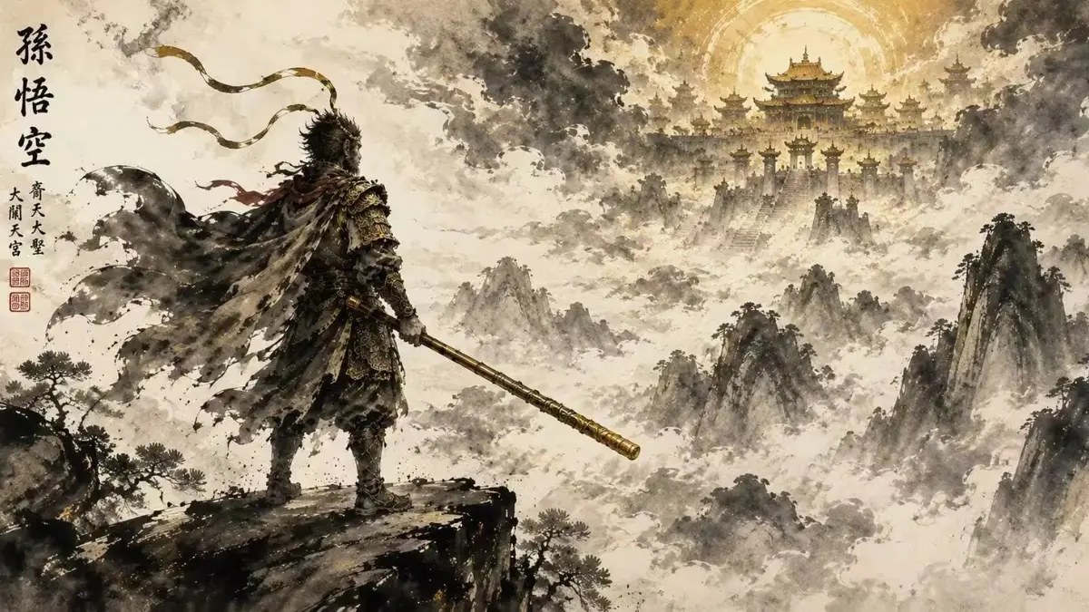 Sun Wukong standing above the clouds facing the Heavenly Palace in traditional Chinese mythology