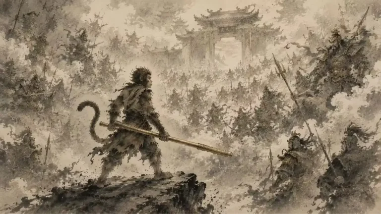 Sun Wukong standing against the armies of Heaven with the Ruyi Jingu Bang