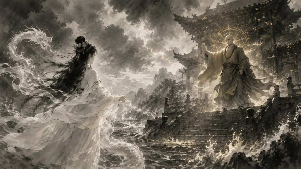 Bai Suzhen confronting the monk Fahai at Jinshan Temple during a legendary battle