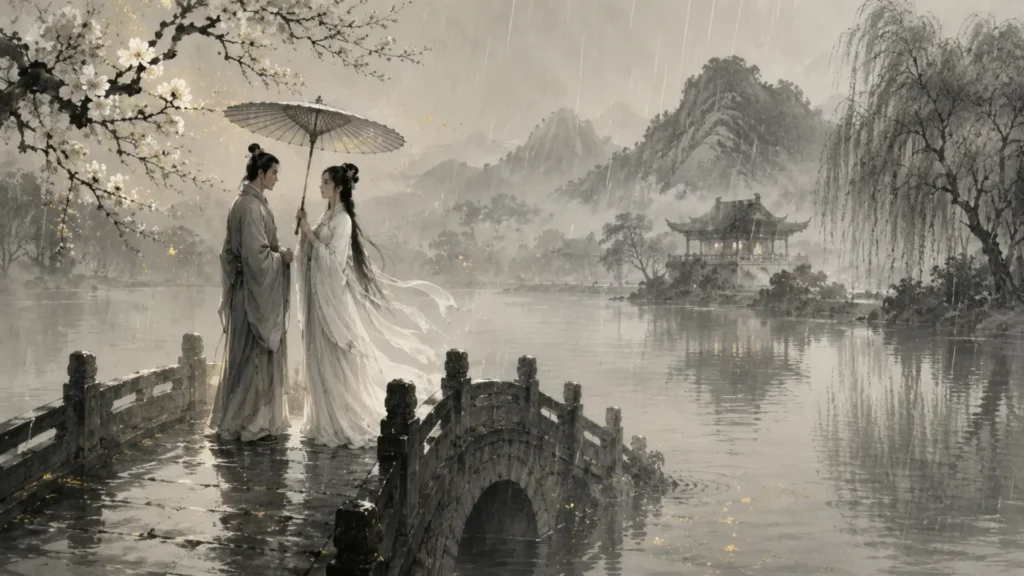 Bai Suzhen meeting Xu Xian at West Lake