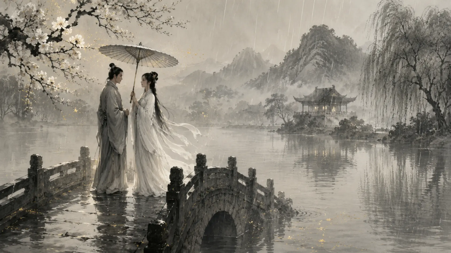 Bai Suzhen meeting Xu Xian at West Lake