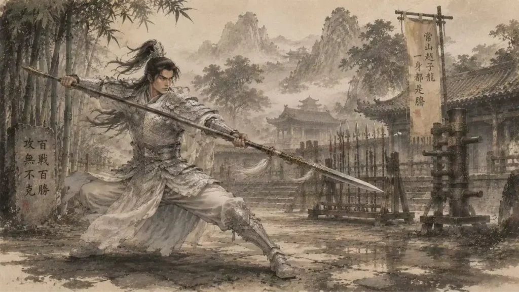 Zhao Yun practicing spear techniques in an ancient Chinese military training courtyard