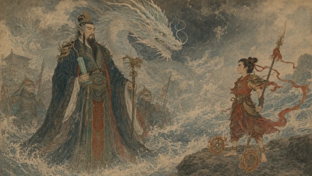 Ao Guang confronting Nezha above the stormy coast of the Eastern Sea