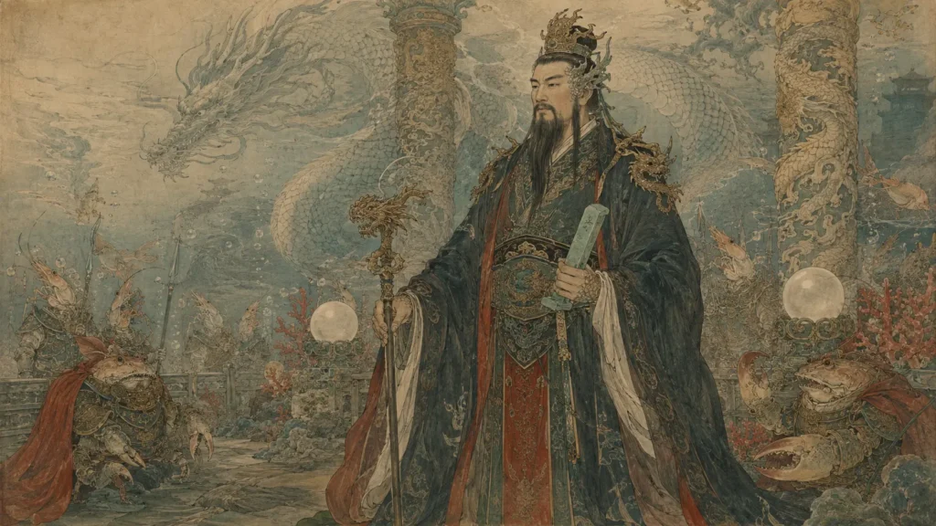 Ao Guang standing inside the underwater Crystal Palace of the Eastern Sea