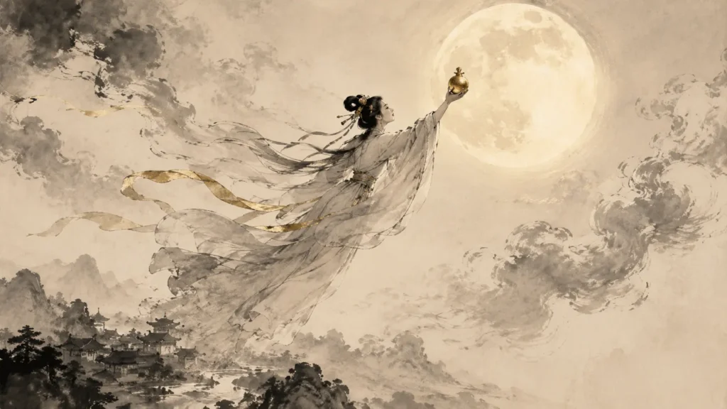 Chang’e ascending toward the full moon after drinking the elixir of immortality in Chinese mythology.
