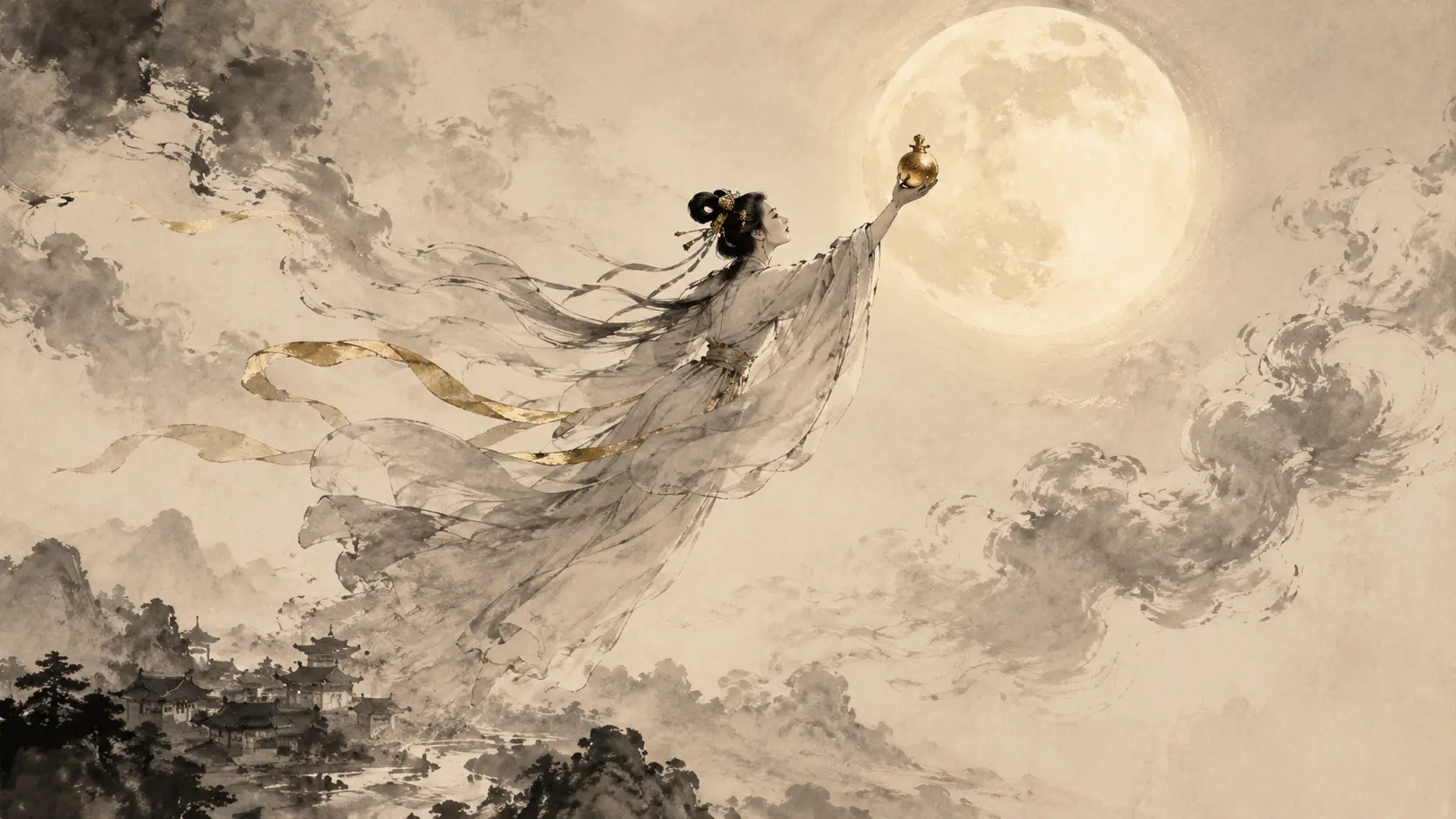 Chang’e ascending toward the full moon after drinking the elixir of immortality in Chinese mythology.