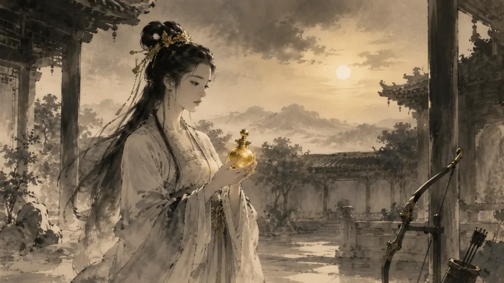 Chang’e holding the elixir of immortality while Hou Yi's bow rests nearby in an ancient Chinese courtyard.