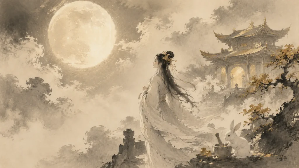 Chang’e standing before the Moon Palace beside the Jade Rabbit under the full moon in traditional Chinese mythology.