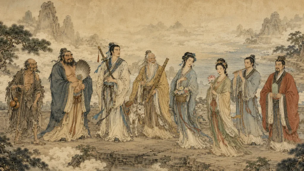 The Eight Immortals of Chinese mythology standing together with their traditional symbols