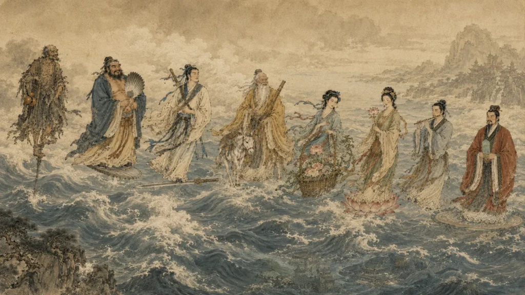 The Eight Immortals crossing the Eastern Sea using their own sacred objects in Chinese mythology
