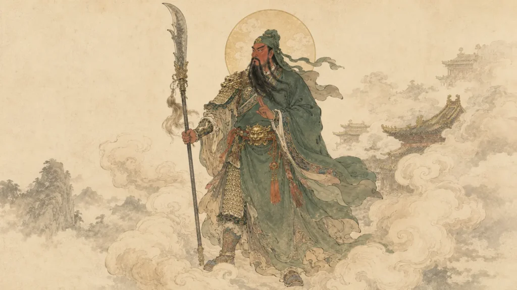 Deified Guan Yu as Guandi standing above clouds with his ceremonial blade