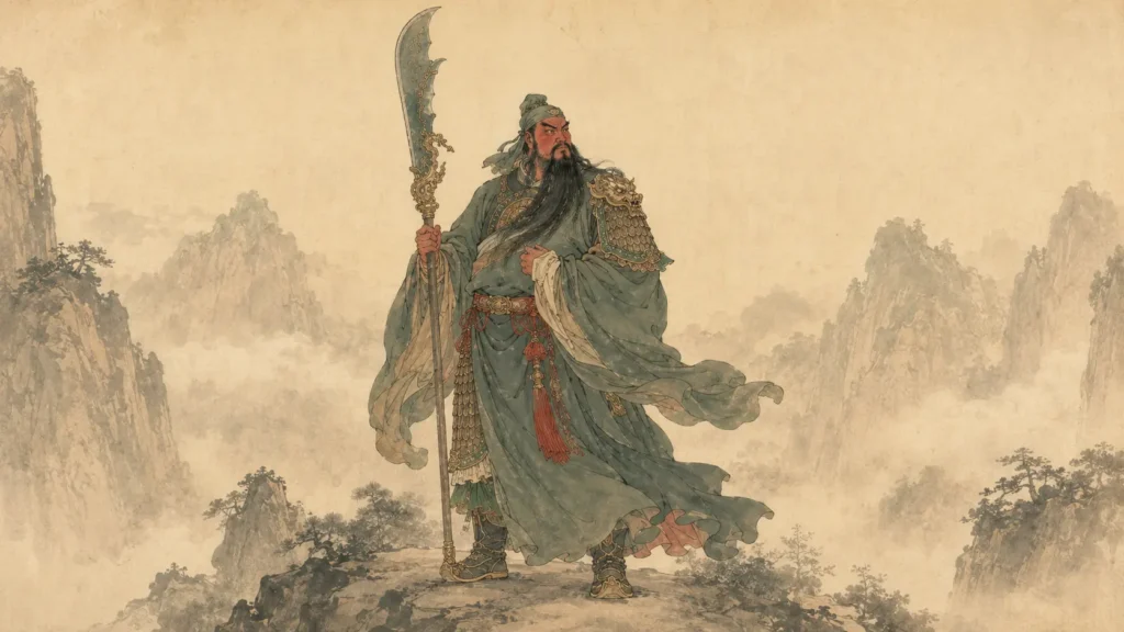 Guan Yu standing on a misty mountain pass with the Green Dragon Crescent Blade