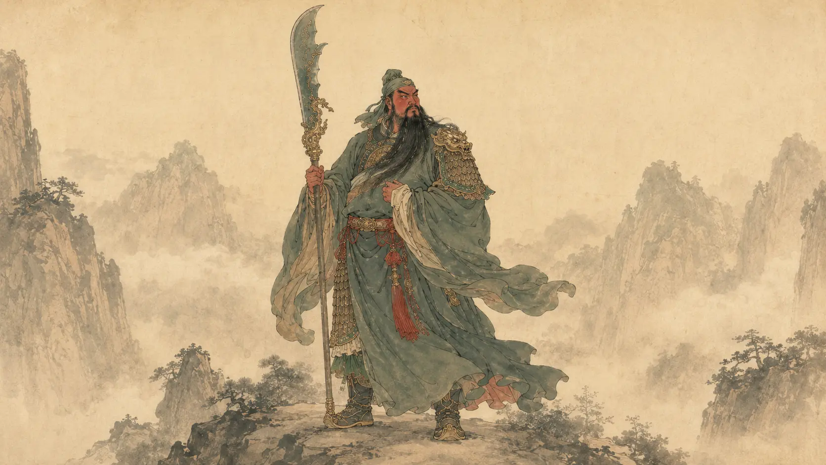 Guan Yu standing on a misty mountain pass with the Green Dragon Crescent Blade