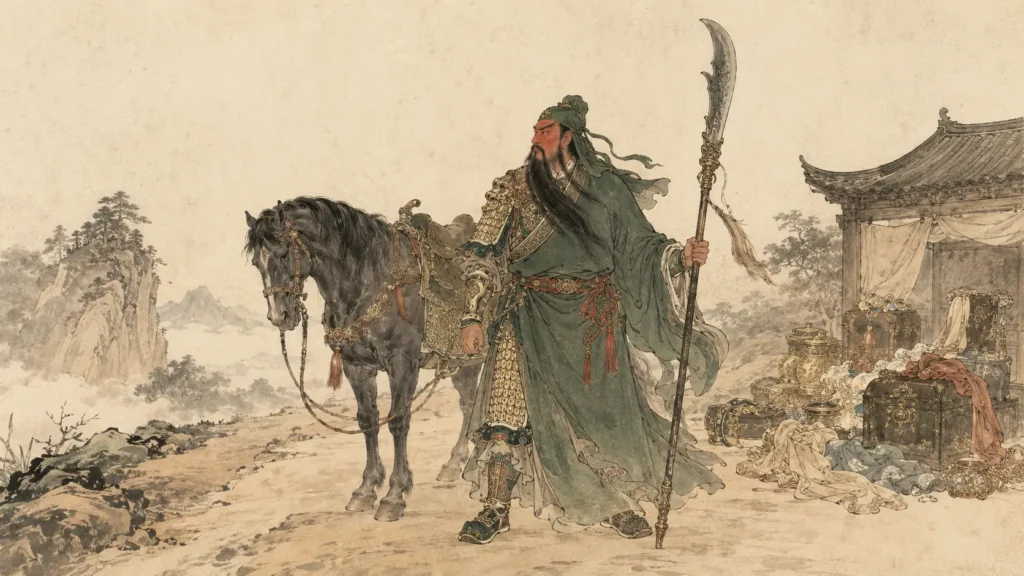 Guan Yu leaving gifts and wealth behind to return to Liu Bei