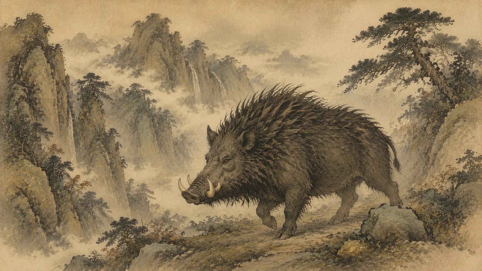 Haozhi, the legendary razor-bristled wild boar from Chinese mythology standing in an ancient mountain landscape