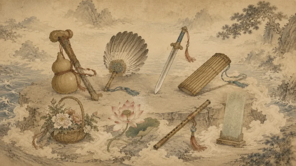Traditional symbols of the Eight Immortals including a sword, fan, flute, lotus and flower basket