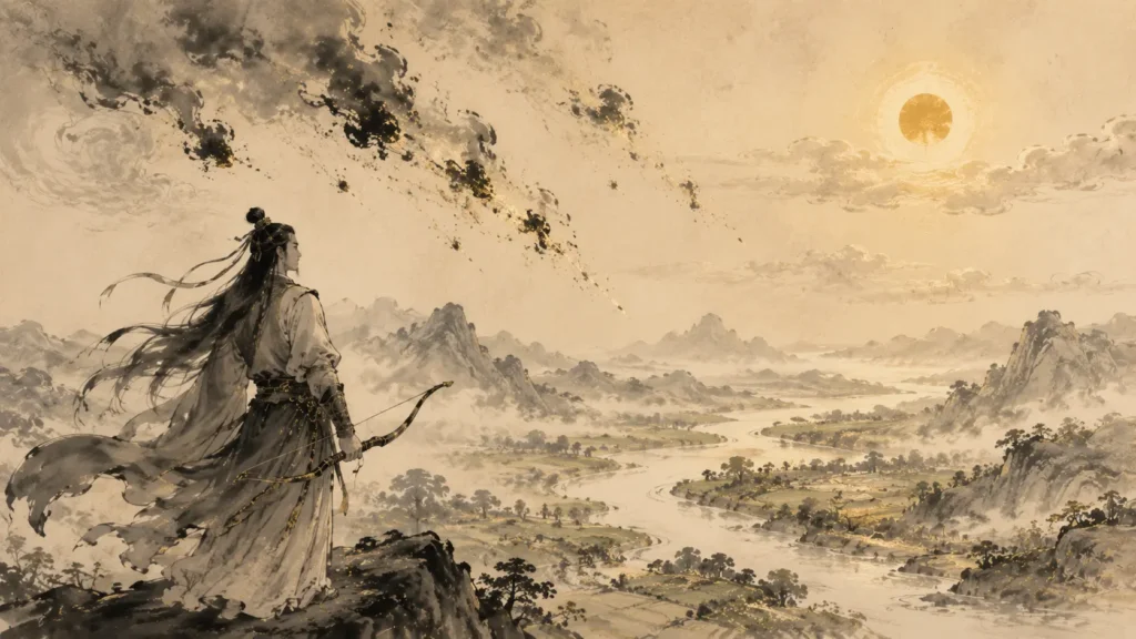 Hou Yi overlooking the land after shooting down nine suns and saving the world