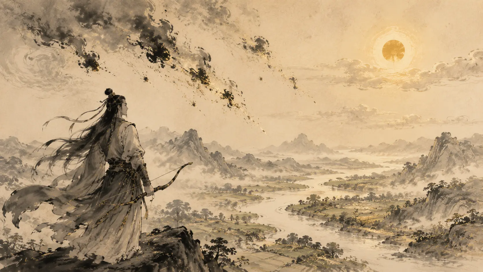 Hou Yi overlooking the land after shooting down nine suns and saving the world