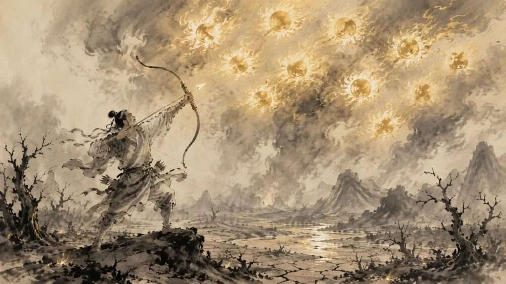 Hou Yi aiming his bow at the ten suns above a scorched world in Chinese mythology