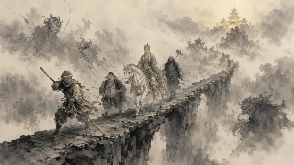 The Journey to the West pilgrims crossing a narrow stone bridge above clouds while shadowy demons surround them.