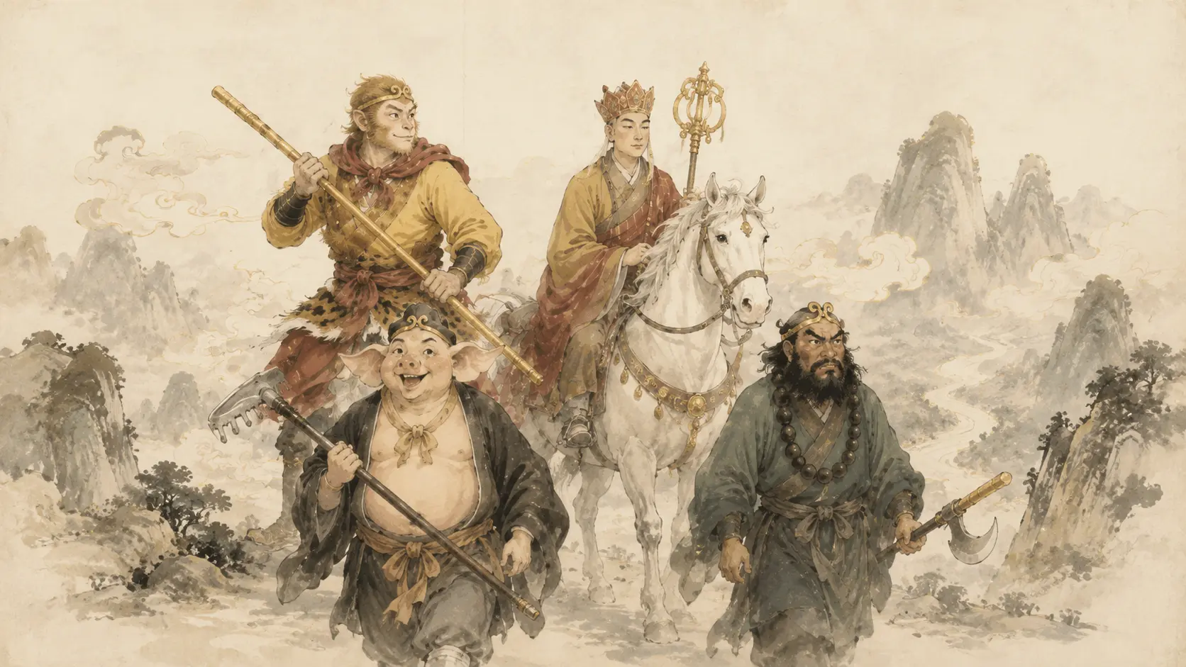 Sun Wukong, Tang Sanzang, Zhu Bajie, and Sha Wujing traveling through ancient China