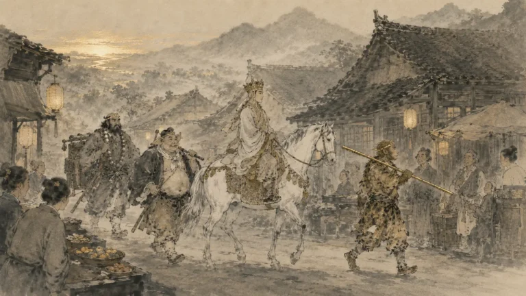 The Journey to the West pilgrims passing through an ancient Chinese village as local people watch them travel.