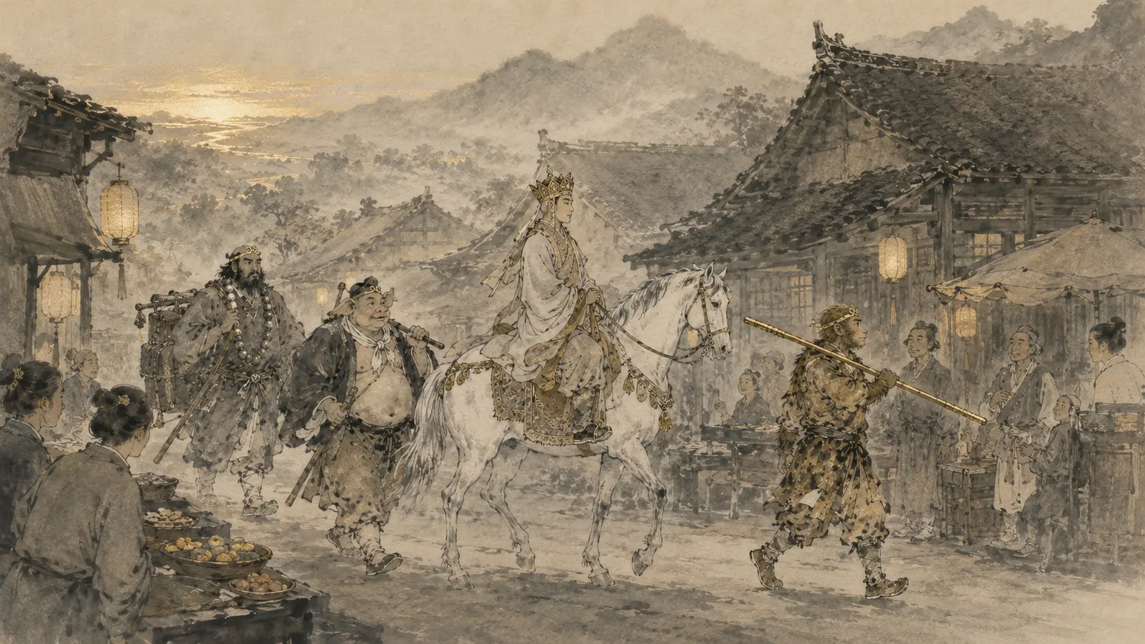 The Journey to the West pilgrims passing through an ancient Chinese village as local people watch them travel.