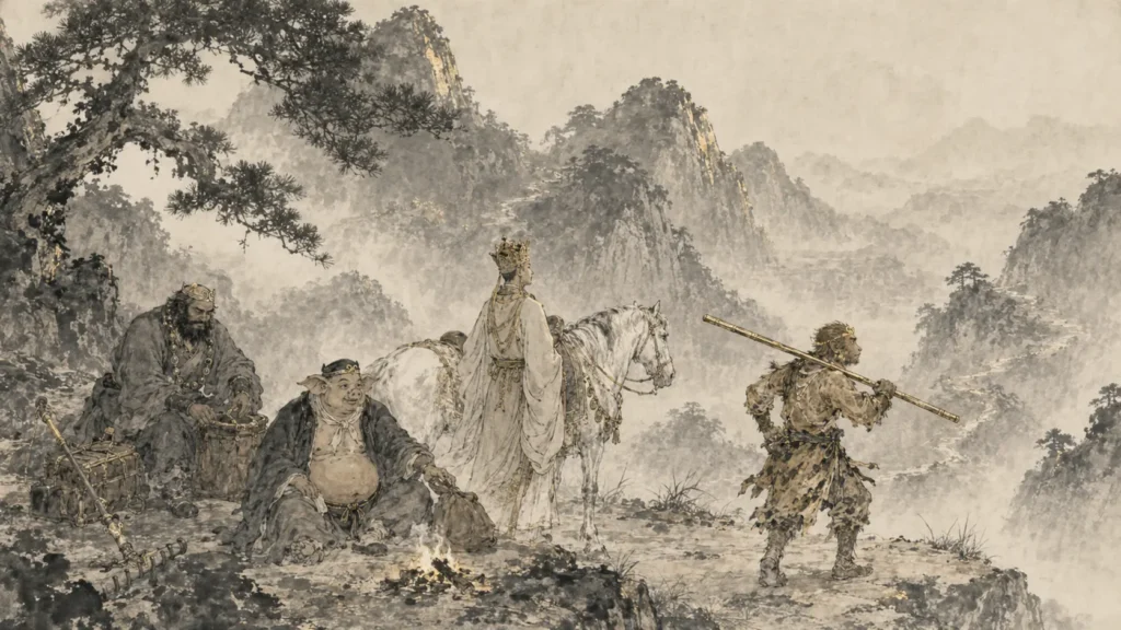 Tang Sanzang, Sun Wukong, Zhu Bajie, and Sha Wujing beginning their Journey to the West through misty Chinese mountains.