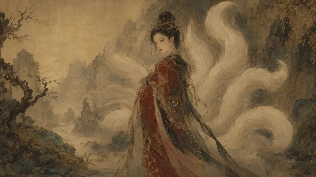 Daji standing in the Shang royal court with the spirit of a Nine-Tailed Fox behind her